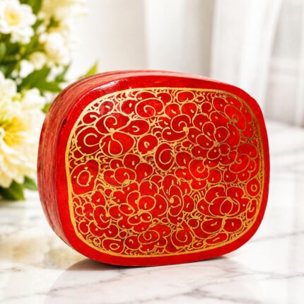 Handcrafted Kashmiri Papier Mache Jewellery Box Handmade Floral Decorative Storage & Trinket Gift Box, Red, Square, Glossy