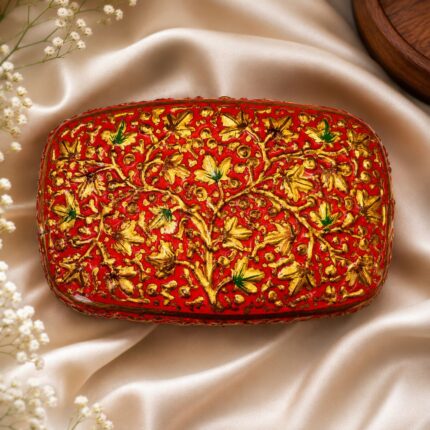 Luxury Handcrafted Kashmiri Papier Mache Jewellery, Storage Box Hand-Painted Decorative Gift Box, Red, Flower