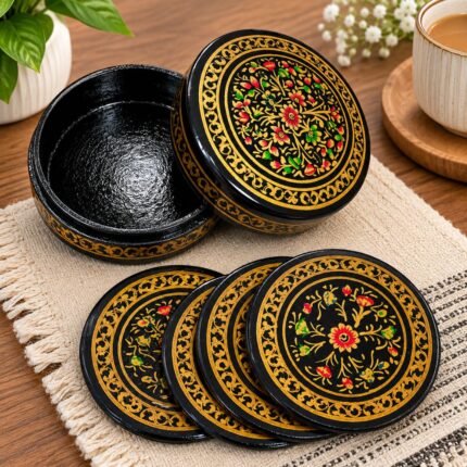 Kashmiri Handmade Papier Mache Coasters Set of 6 with Storage Box, Floral Drink Coasters for Coffee Mugs, Tea Cups & Dining Table, Black, Decor