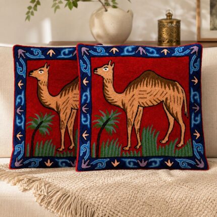 Handcrafted Kashmiri Hand Embroidered Woollen Cushion Cover, Camel Design, Decorative Sofa Cushion Cover with Hidden Zipper, 12 x 12 Inch, Maroon