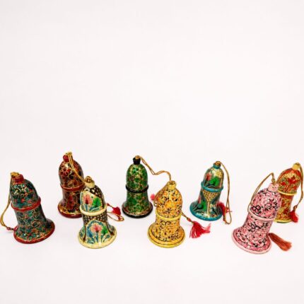 Handmade Kashmiri Paper Mache Hanging Bells Set of 8 – Decorative Christmas Tree Ornaments for Home Décor, Diwali & Festive Hanging Decorations