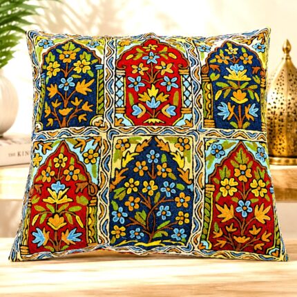 Kashmiri Hand Embroidered Silk Cushion Cover, Handmade Multicoloured Flower Design Decorative Pillow Cover, Sofa & Living Room, Couch & Bedroom, Luxury Home Décor, 16X16 inches, Blue, Red