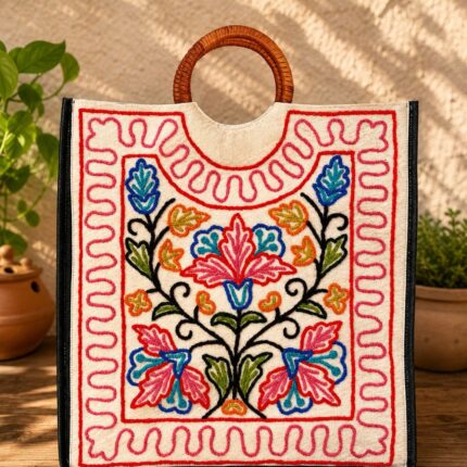 Kashmiri Crewel Cotton Tote Bag for Women, Handcrafted Floral Embroidered Shoulder Grocery Bag with Mirror Work