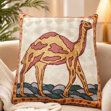 Kashmiri Hand Embroidered Silk Cushion Cover, Handmade Camel Design Decorative Pillow Cover, Sofa & Living Room, Couch & Bedroom, Luxury Home Décor, 16X16 inches