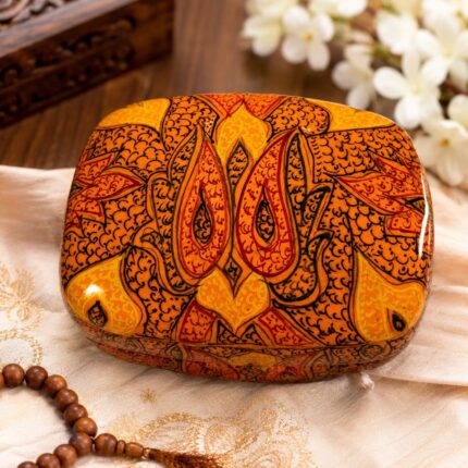 Premium Handcrafted Kashmiri Papier Mache Jewellery, Storage Box Hand-Painted Decorative Gift Box, Yellow-Orange Blend, Flower