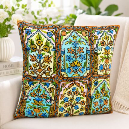 Kashmiri Hand Embroidered Silk Cushion Cover, Handmade Multicoloured Flower Design Decorative Pillow Cover, Sofa & Living Room, Couch & Bedroom, Luxury Home Décor, 16X16 inches