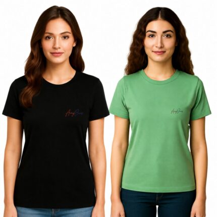 Women’s Cotton Lycra Regular Fit T-Shirt Combo Pack of 2 (Black & Olive Green) – Soft Stretch Round Neck Half Sleeve Tees