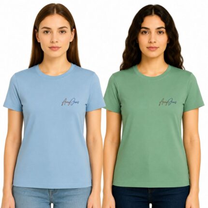 Women’s Cotton Lycra Regular Fit T-Shirt Combo Pack of 2 (Sky Blue & Olive Green) – Soft Stretch Round Neck Half Sleeve Tees