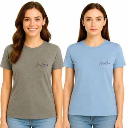 Women’s Cotton Lycra Regular Fit T-Shirt Combo Pack of 2 (Sky Blue & Grey) – Soft Stretch Round Neck Half Sleeve Tees