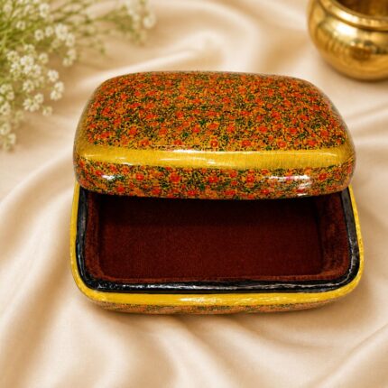 Authentic Kashmiri Papier Mache Jewellery Box Handmade Floral Storage Box, Red, Velvet