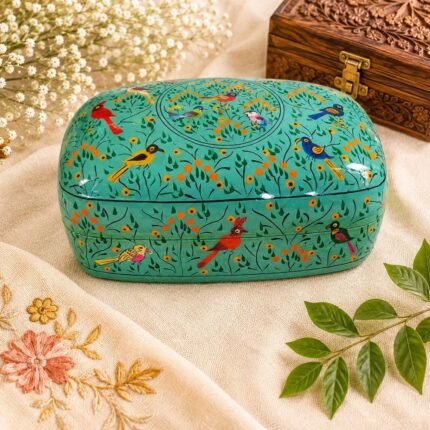 Authentic Sea Green Kashmiri Papier Mache Jewellery Box Handcrafted Decorative Storage Gift Box