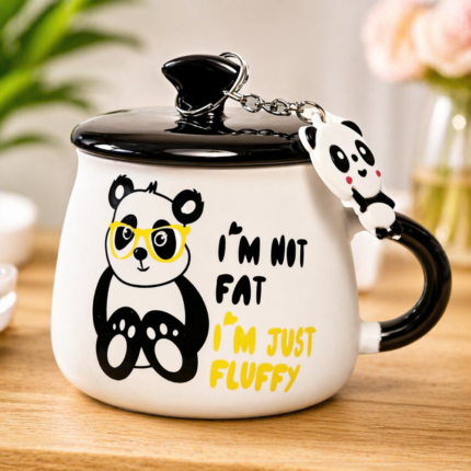 I m not Fat, I m just Fluffy Panda Coffee Mug with Lid & Spoon – Ceramic Insulated Cup, Microwave & Dishwasher Safe, Gift Set with Keychain