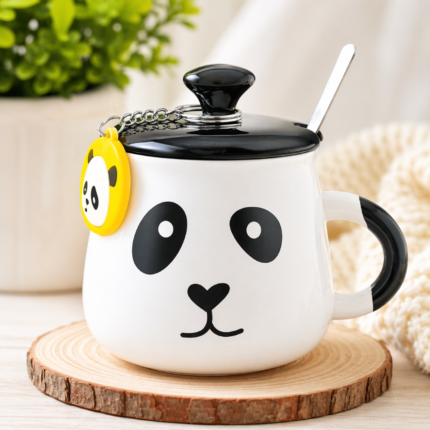 Cute Panda Coffee Mug with Lid & Spoon – Ceramic Insulated Cup, Microwave & Dishwasher Safe, Gift Set with Keychain