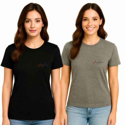 Women’s Cotton Lycra Regular Fit T-Shirt Combo Pack of 2 (Black & Grey) – Soft Stretch Round Neck Half Sleeve Tees