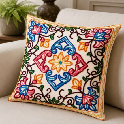 Kashmiri Hand Embroidered Cotton Cushion Cover with Floral Design for Sofa, Living Room & Bedroom Décor, Home Interiors, Traditional, 12x12 inches, Blue, Red & Yellow, Multicoloured