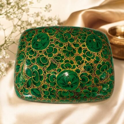 Premium Handcrafted Kashmiri Papier Mache Jewellery, Storage Box Hand-Painted Decorative Gift Box, Golden, Flower