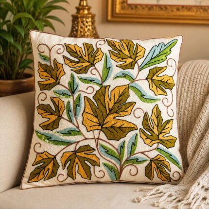 Traditional Handmade Silk Embroidery Kashmiri, House Warming, Home, 16x16 inches, Decoration Cushion Cover, Mustard & Green Maple Leaf Design Square Pillow Cases
