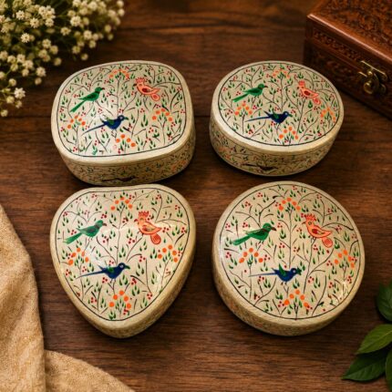 Handcrafted Kashmiri Paper Mache Jewellery Boxes Set of 4 – Decorative Handmade Trinket Storage Boxes with Floral Art for Rings, Earrings & Gifts, Silver, Flower, Trinklet, Jewellery