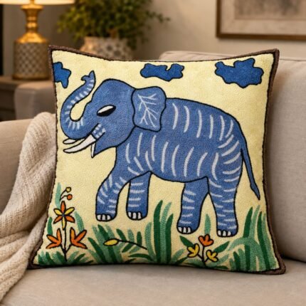 Kashmiri Hand Embroidered Silk Cushion Cover with Elephant Design for Sofa, Living Room & Bedroom Décor, Home Interiors, Traditional, 16x16 inches, Blue, Creame
