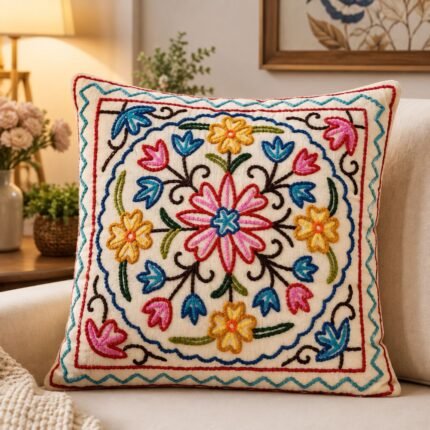 Kashmiri Hand Embroidered Cotton Cushion Cover with Floral for Sofa, Living Room & Bedroom Décor, Home Interiors, Traditional, 16x16 inches, White, Blue, Pink, Multicoloured