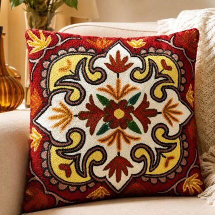 Traditional Handmade Silk Embroidery Kashmiri, House Warming, Home, 12x12 inches, Decoration Cushion Cover, Kaleidoscopic Floral Motif Radiates Outward Design, Square Pillow Cases, Red