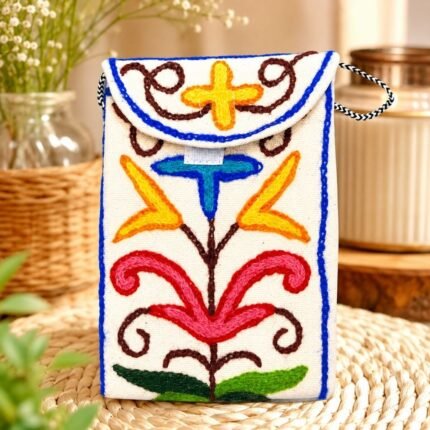 Kashmiri Hand Embroidered Crewel Cotton Sling Bag for Women, Handmade Floral Crossbody Shoulder Purse, Indian Handicraft, Mobile bag