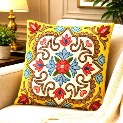 Traditional Handmade Silk Embroidery Kashmiri, House Warming, Home, 12x12 inches, Decoration Cushion Cover, Mandala or Medallion White Motif Traditional Paisley Derivatives Design, Square Pillow Cases, White Base