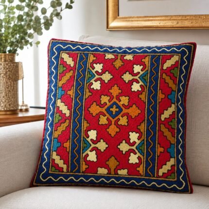 Handcrafted Kashmiri Hand Embroidered Woollen Cushion Cover, Geometry Design, Decorative Sofa Cushion Cover with Hidden Zipper, 16 x 16 Inch, Maroon
