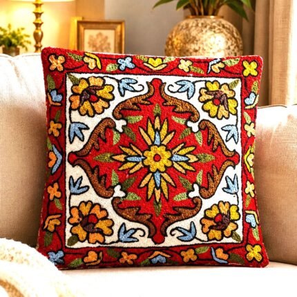 Traditional Handmade Silk Embroidery Kashmiri, House Warming, Home, 12x12 inches, Decoration Cushion Cover, Mandala or Medallion White Motif Traditional Paisley Derivatives Design, Square Pillow Cases, White Base (Copy)