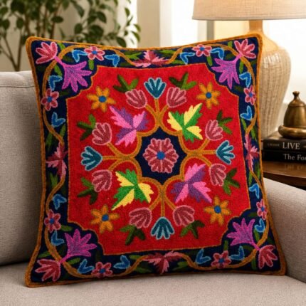 Handcrafted Kashmiri Hand Embroidered Woollen Cushion Cover, Floral Design, Decorative Sofa Cushion Cover with Hidden Zipper, 16 x 16 Inch, Maroon