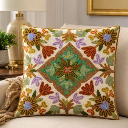 Traditional Handmade Silk Embroidery Kashmiri, House Warming, Home, 12x12 inches, Decoration Cushion Cover, Suzani-Influenced Floral Mandala Design, Square Pillow Cases, Green, Purple