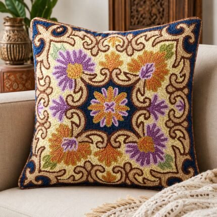Traditional Handmade Silk Embroidery Kashmiri, House Warming, Home, 12x12 inches, Decoration Cushion Cover, Floral Mandala / Geometric Floral Tapestry Design, Square Pillow Cases, Green, Purple