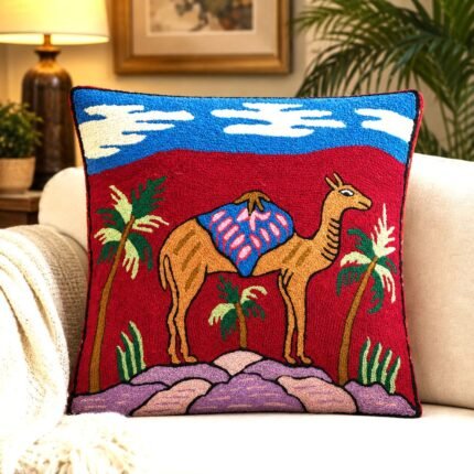 Handcrafted Kashmiri Hand Embroidered Woollen Cushion Cover, Camel Design, Decorative Sofa Cushion Cover with Hidden Zipper, 16 x 16 Inch, Blue, Maroon