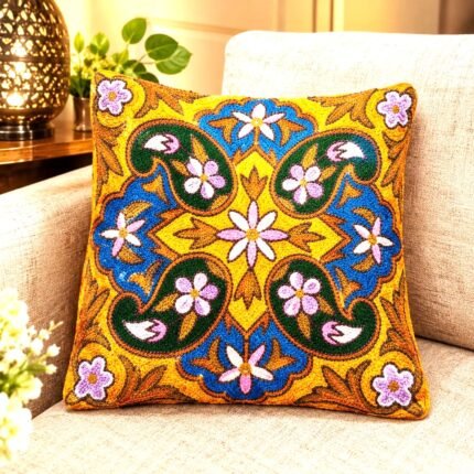 Traditional Handmade Silk Embroidery Kashmiri, House Warming, Home, 16x16 inches, Decoration Cushion Cover, Central Geometric 8-Petal Floral Rosette Medallion Design, Square Pillow Cases