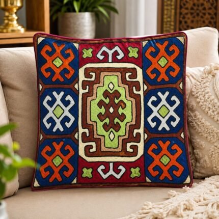 Kashmiri Hand Embroidered Silk Cushion Cover, Handmade Multicoloured Kilim Motif Design, Decorative Pillow Cover, Sofa & Living Room, Couch & Bedroom, Luxury Home Décor, 16X16 inches