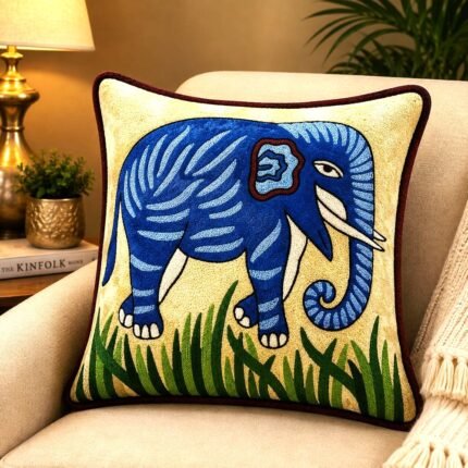 Kashmiri Hand Embroidered Silk Cushion Cover, Handmade Blue Elephant on Grass Design, Decorative Pillow Cover, Sofa & Living Room, Couch & Bedroom, Luxury Home Décor, 16X16 inches, Cream