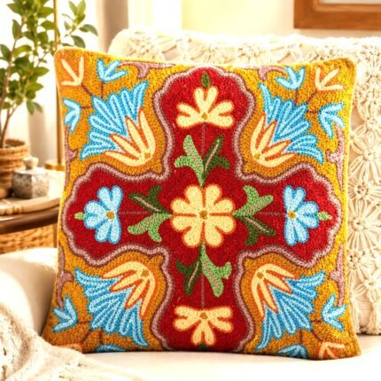 Kashmiri Hand Embroidered Silk Cushion Cover with Floral Cross Design for Sofa, Living Room & Bedroom Décor, Home Interiors, Traditional, 12x12 inches, Red, Blue Mustard