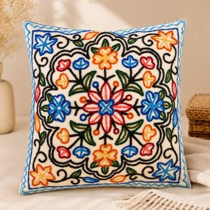 Kashmiri Hand Embroidered Cotton Cushion Cover with Floral for Sofa, Living Room & Bedroom Décor, Home Interiors, Traditional, 16x16 inches, White, Blue, Pink, Multicoloured