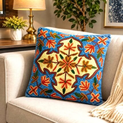 Traditional Handmade Silk Embroidery Kashmiri, House Warming, Home, 12x12 inches, Decoration Cushion Cover, Mandala Style Floral Medallion Design, Square Pillow Cases, Blue & Yellow