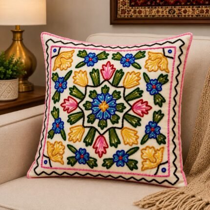 Kashmiri Hand Embroidered Cotton Cushion Cover with Floral Design for Sofa, Living Room & Bedroom Décor, Home Interiors, Traditional, 16x16 inches, Blue, Yellow, Pink