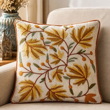 Traditional Handmade Silk Embroidery Kashmiri, House Warming, Home, 16x16 inches, Decoration Cushion Cover, Brown &  Sea Green Maple Leaf Design, Square Pillow Cases