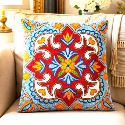 Traditional Handmade Silk Embroidery Kashmiri, House Warming, Home, 12x12 inches, Decoration Cushion Cover, Mexican Talavera Design, Square Pillow Cases, Red, Blue