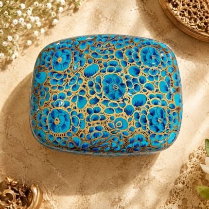 Premium Handcrafted Kashmiri Papier Mache Jewellery, Storage Box Hand-Painted Decorative Gift Box, Golden, Flower