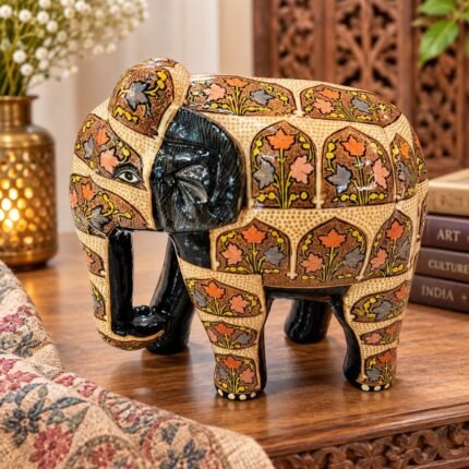 Handcrafted Kashmiri Papier Mache Elephant Showpiece for Home Decor, Golden Outline Floral Design on Brown Base Elephant, Premium Indian Handicraft Gift