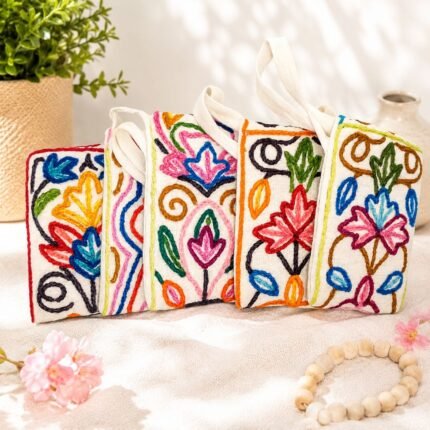 Handmade Kashmiri Crewel Embroidered Cotton Sling Bag for Women with Floral Design, Lightweight Crossbody Sling Bag for Travel, Mobile & Everyday Use, Set of 5