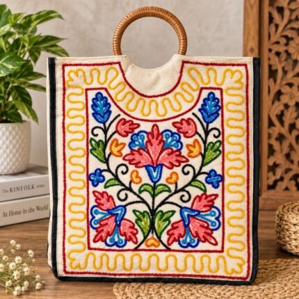 Kashmiri Crewel Cotton Tote Bag for Women, Handcrafted Floral Embroidered Shoulder Grocery Bag with Mirror Work