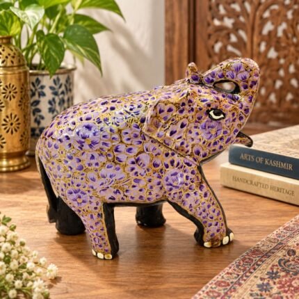 Handcrafted Kashmiri Papier Mache Elephant Showpiece for Home Decor, Golden Outline Floral  Design on Purple Base Elephant, Premium Indian Handicraft Gift