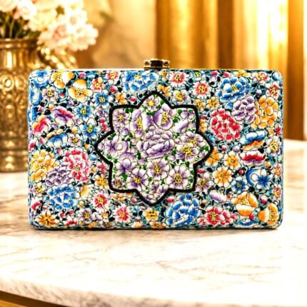 Kashmiri Paper Mache Clutch Purse for Women with Hazara Floral Design, Brass Chain, Velvet Interior, Handmade Hard Case Party Sling Bag, Blue