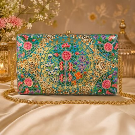 Kashmiri Paper Mache Clutch Purse for Women with Hazara Floral Design, Brass Chain, Velvet Interior, Handmade Hard Case Party Sling Bag, Blue Base with Multicoloured Flowers