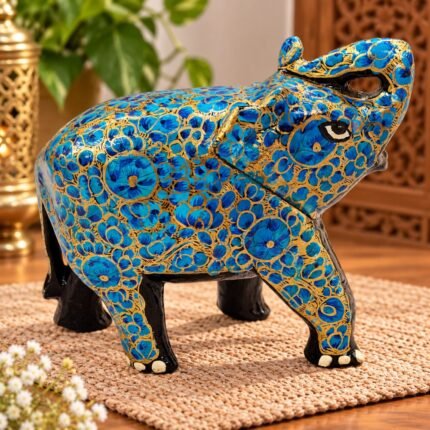 Handcrafted Kashmiri Papier Mache Elephant Showpiece for Home Decor, Golden Outline Floral Design on Light Blue Base Elephant, Premium Indian Handicraft Gift,